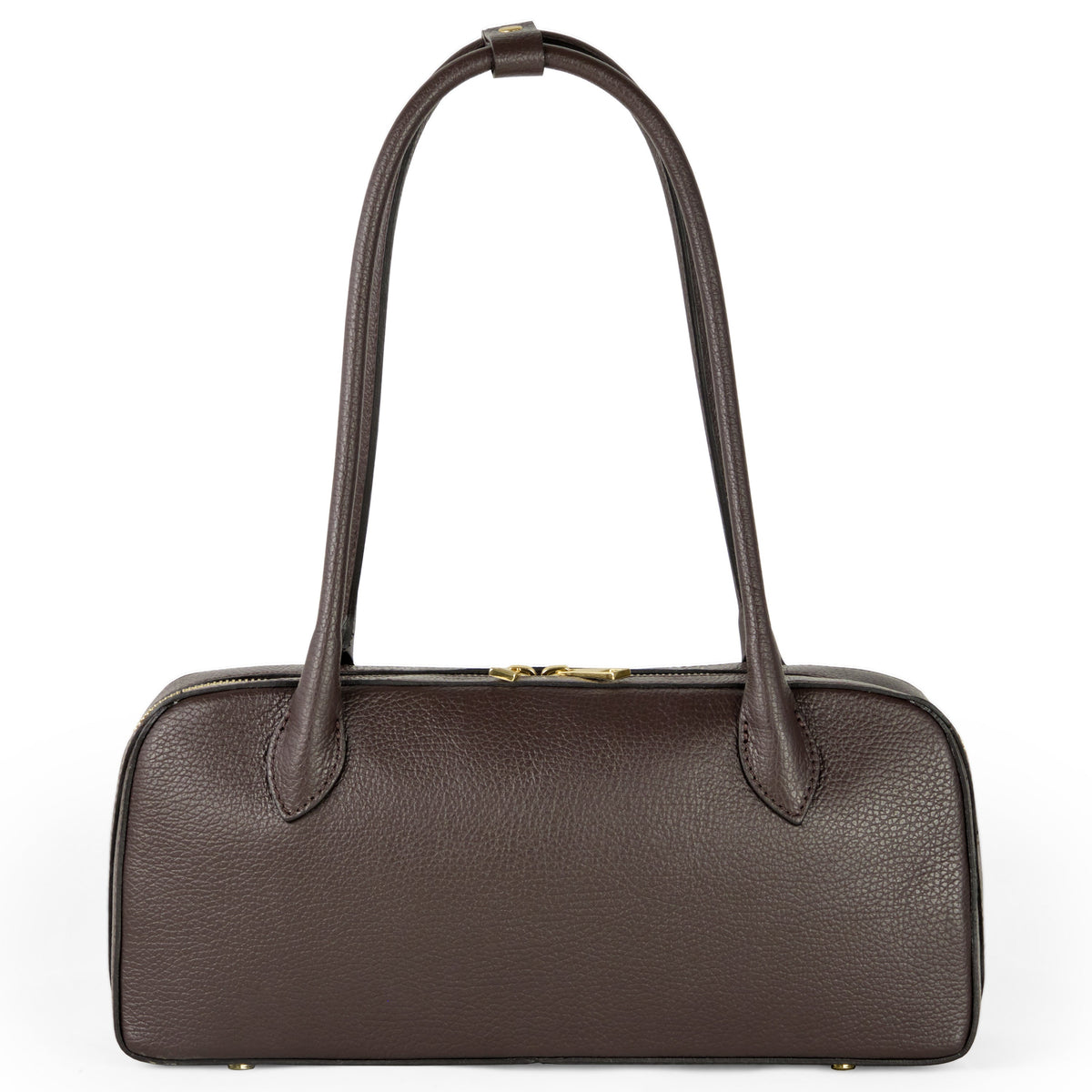 Chocolate Italian full-grain leather shoulder bag with zip-top closure and double handles, artisan quality.