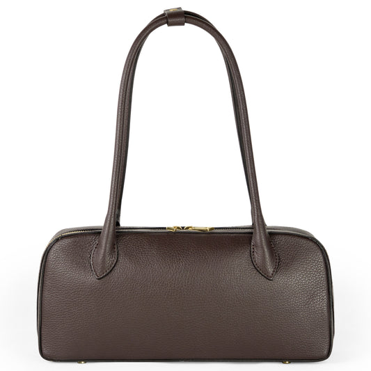 Chocolate Italian full-grain leather shoulder bag with zip-top closure and double handles, artisan quality.