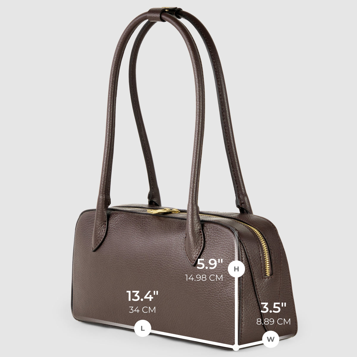 Italian full-grain leather shoulder bag with double handles and structured design, measuring 13.4" x 5.9" x 3.5".