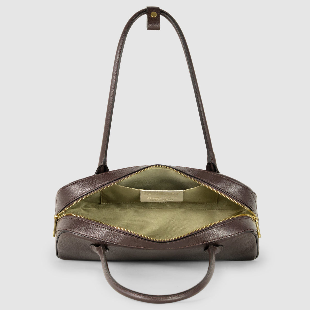 Italian full-grain leather shoulder bag with zip-top closure and spacious interior.