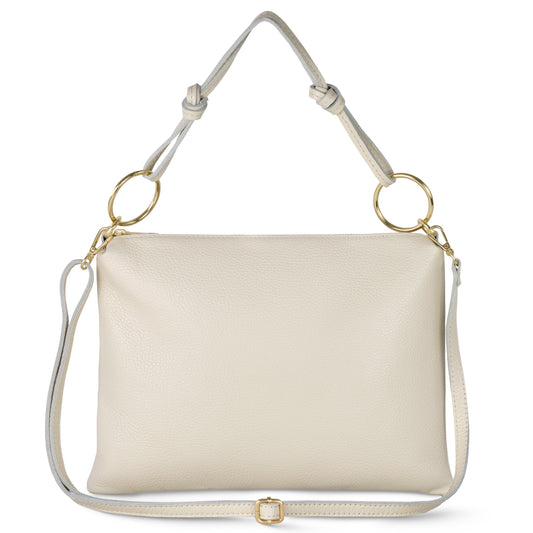 Italian full-grain leather shoulder bag in beige with elegant knotted handle and gold-tone hardware.