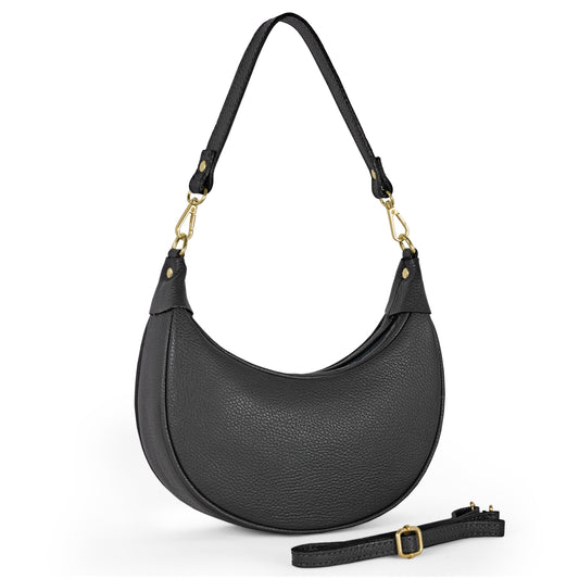 Italian leather shoulder bag in black, featuring a crescent shape, zippered closure, and adjustable strap.