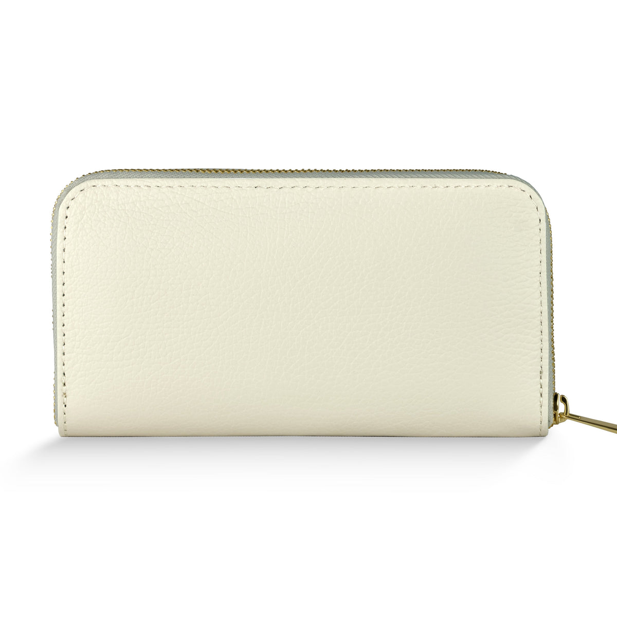 Italian full-grain leather wallet for women in beige, zip-around design with spacious compartments and card slots.