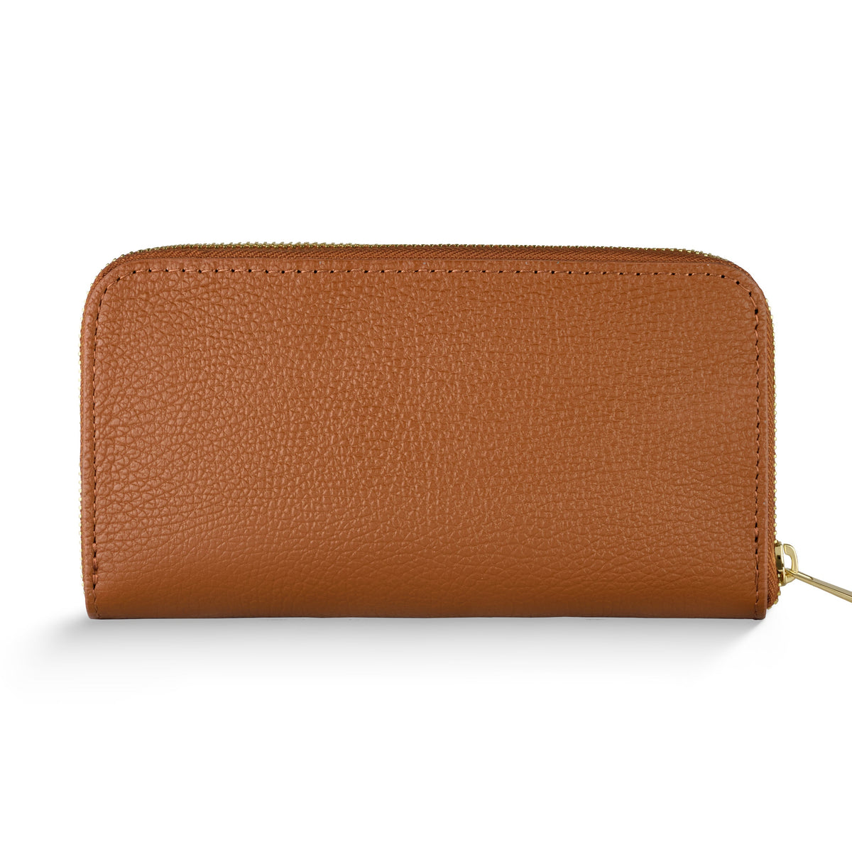 Italian full-grain leather wallet for women in brown color, zip-around design with smooth texture.