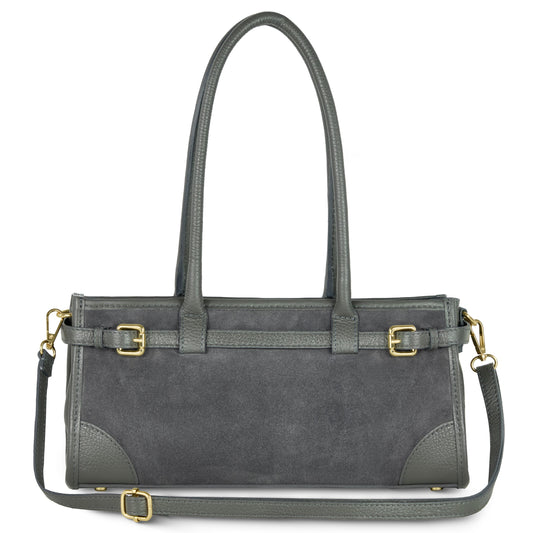 Italian suede leather shoulder bag in dark grey with detachable strap and leather trim, showcasing fine craftsmanship.