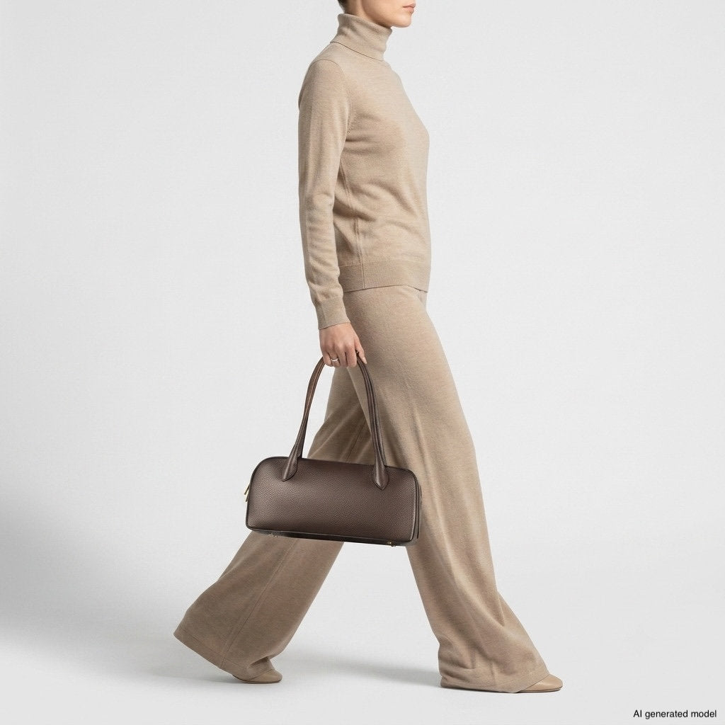 Model showcasing an Italian full-grain leather shoulder bag, paired with a chic beige outfit.