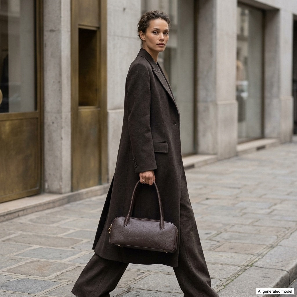 Woman in a long brown coat holding an Italian full-grain leather shoulder bag while walking in a city setting.