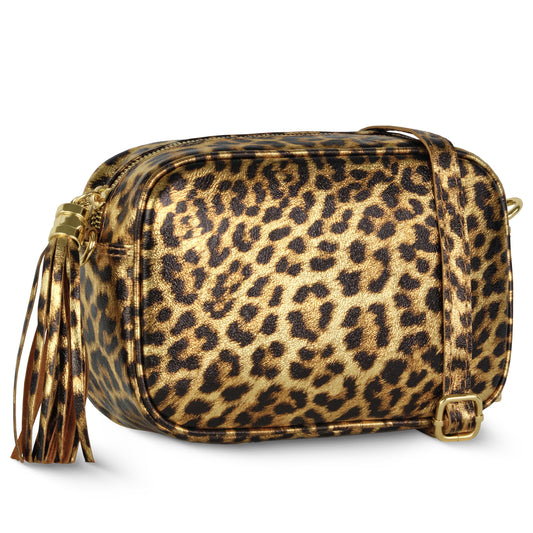 Italian genuine leopard-print suede crossbody bag in metallic gold with tassel and detachable strap.