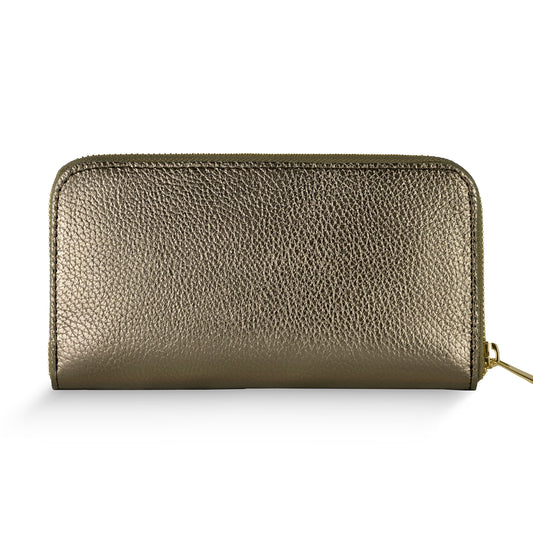 Italian metallic leather wallet made in Italy, featuring a sleek metallic bronze finish and zip closure.