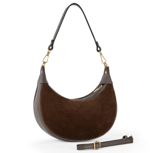 Italian suede leather shoulder bag in chocolate suede with zip top and adjustable strap.