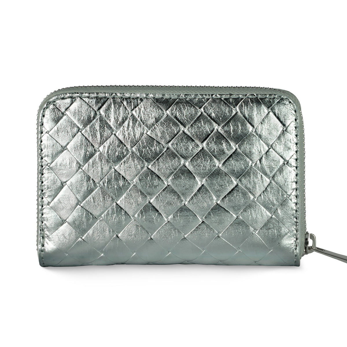 Italian genuine woven-embossed metallic suede wallet in metallic silver, crafted with precision. Perfect for daily use.