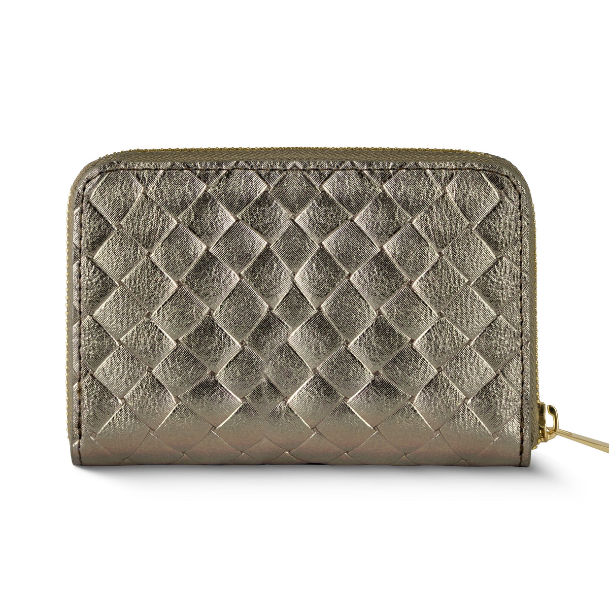 Stylish Italian genuine woven-embossed metallic suede wallet Italy in bronze color with secure zip closure.