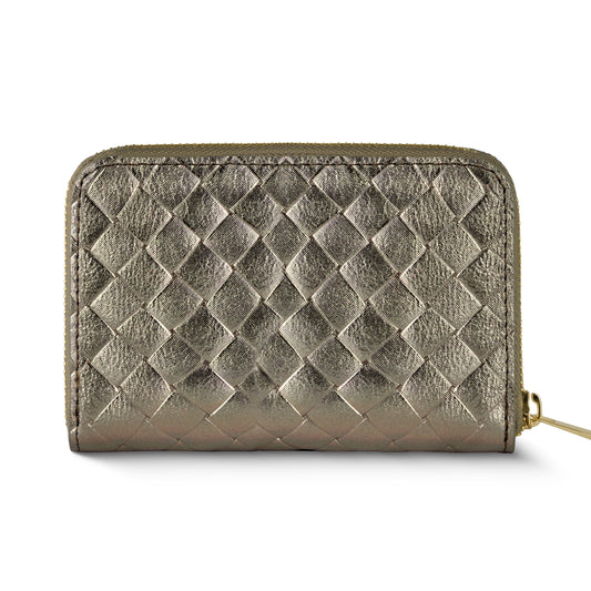 Stylish Italian genuine woven-embossed metallic suede wallet Italy in bronze color with secure zip closure.