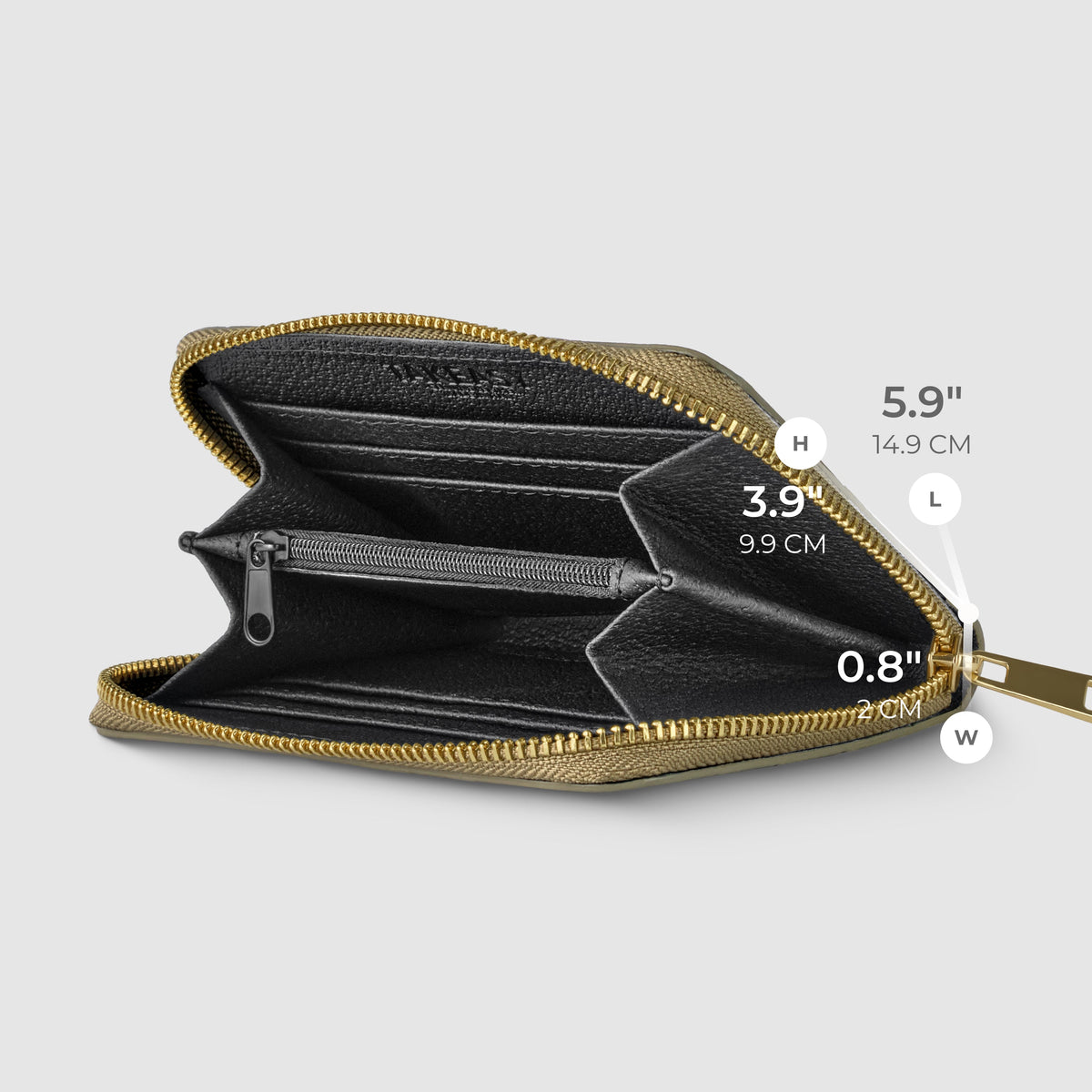 Interior view of Italian genuine woven-embossed metallic suede wallet Italy with card slots and zip pocket.