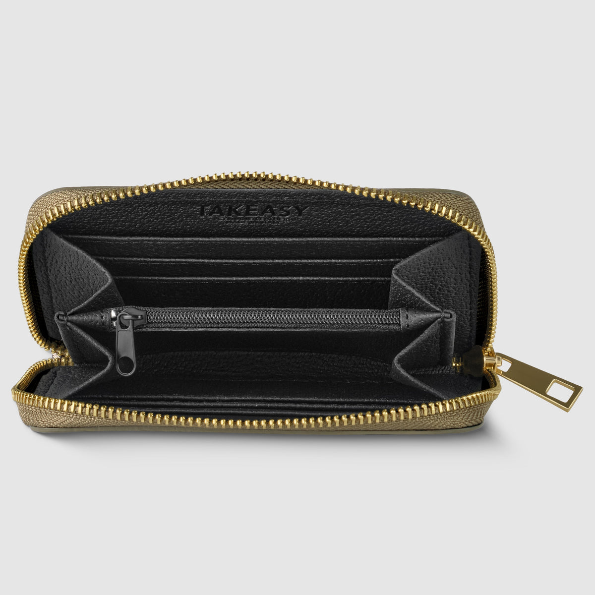 Interior view of Italian genuine woven-embossed metallic suede wallet Italy with card slots and compartments.