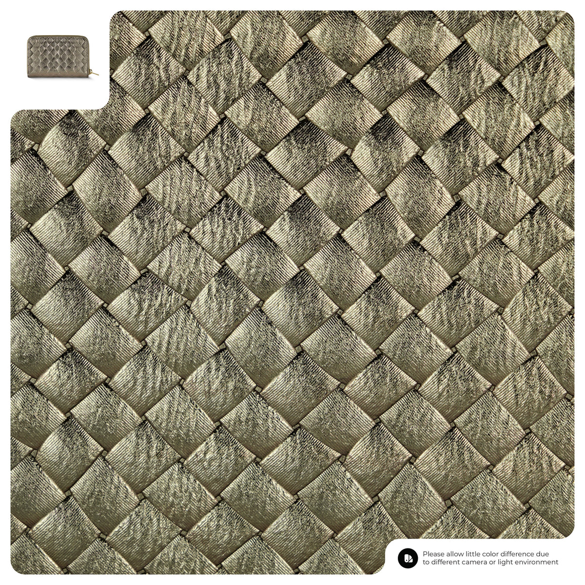 Close-up of Italian genuine woven-embossed metallic suede wallet Italy on a textured gold surface.