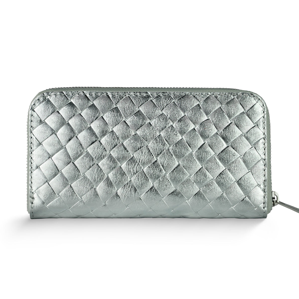 Italian metallic suede zip-around wallet in woven-embossed silver, featuring multiple compartments and secure design.