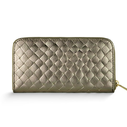 Italian metallic suede zip-around wallet in woven-embossed bronze, features a large design with secure zip closure.