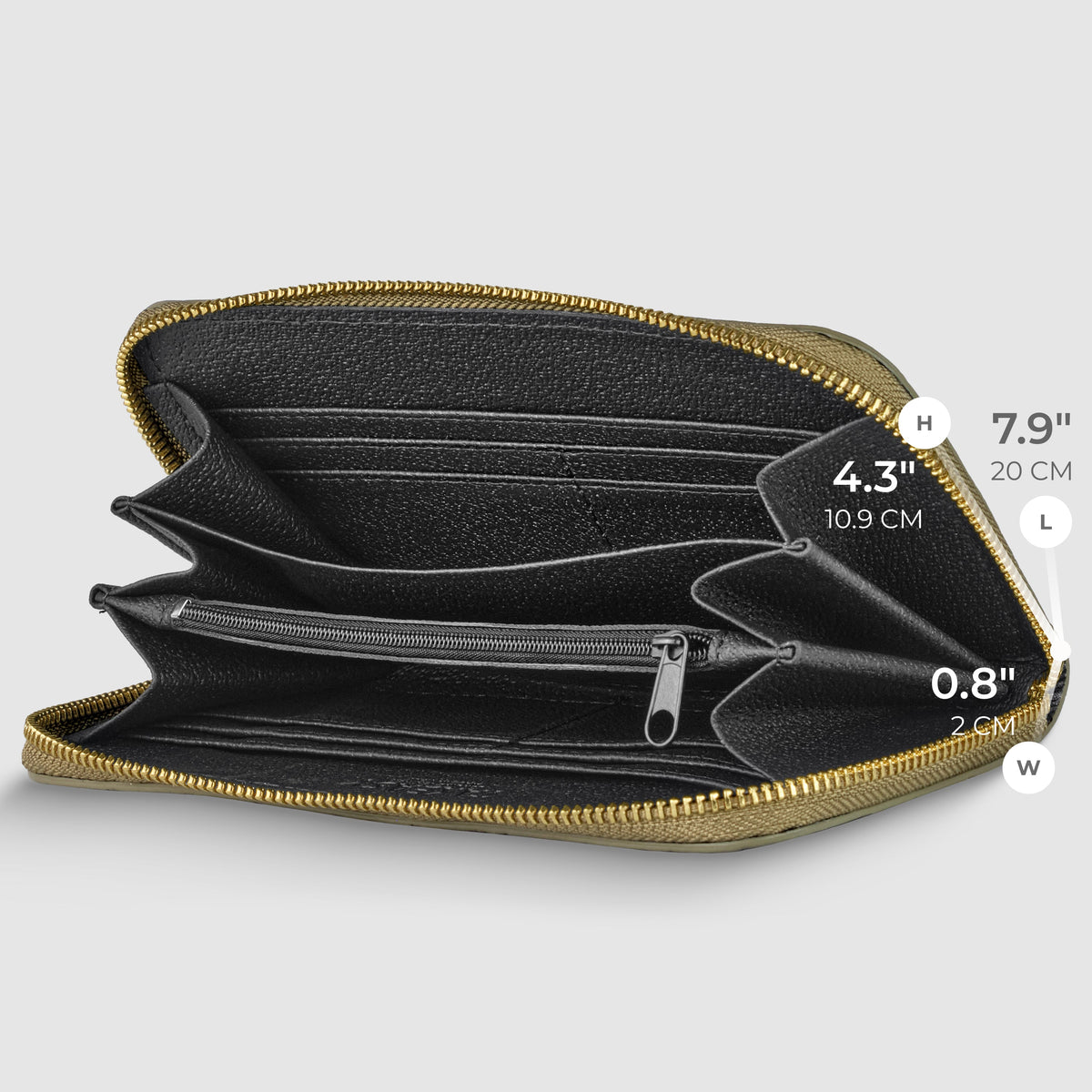 Inside view of Italian genuine woven-embossed metallic suede zip-around wallet, showcasing compartments and card slots.