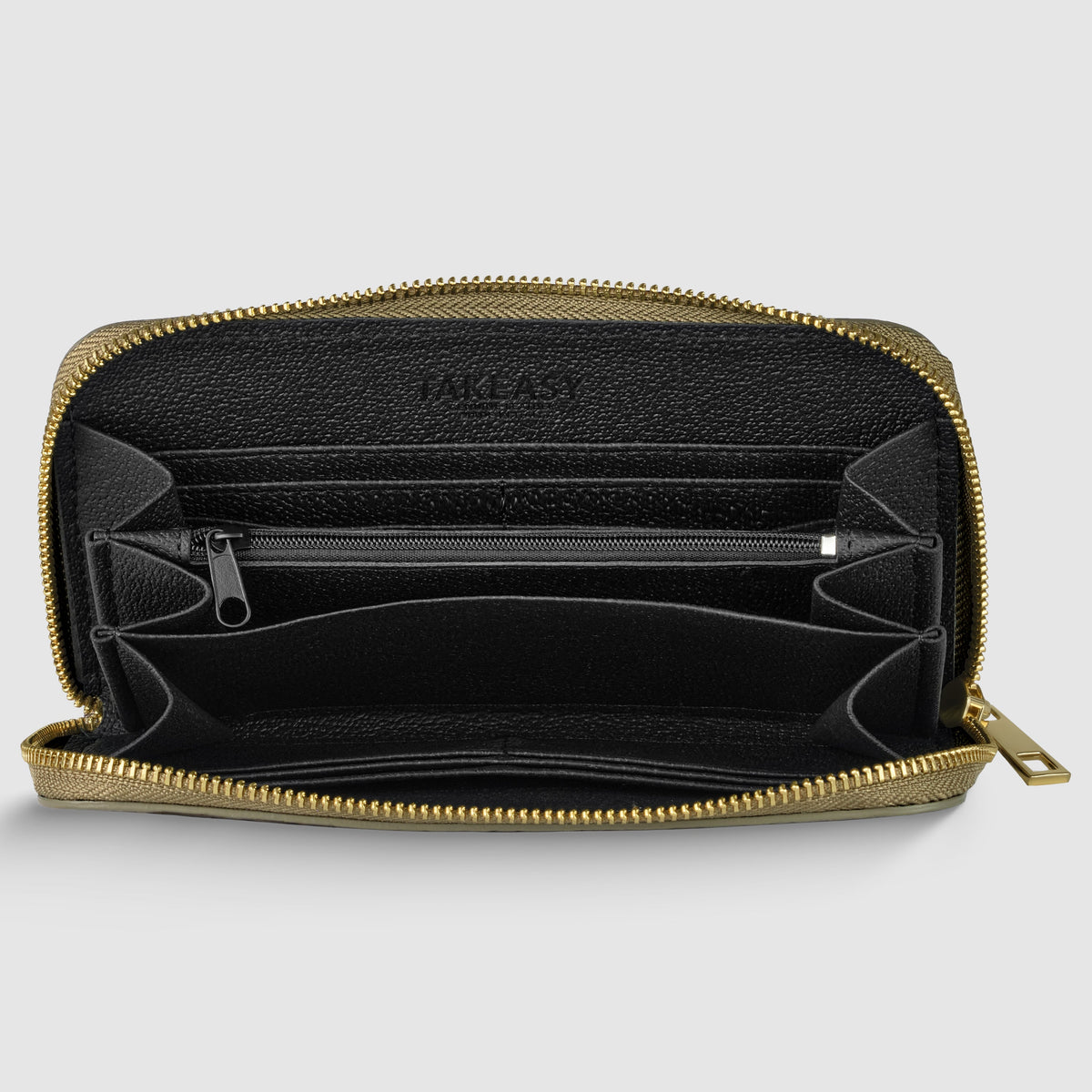 Inside view of Italian genuine woven-embossed metallic suede zip-around wallet with multiple compartments.