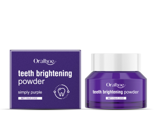 BrightGuard™ natural tooth powder in a 15g purple jar and packaging box.