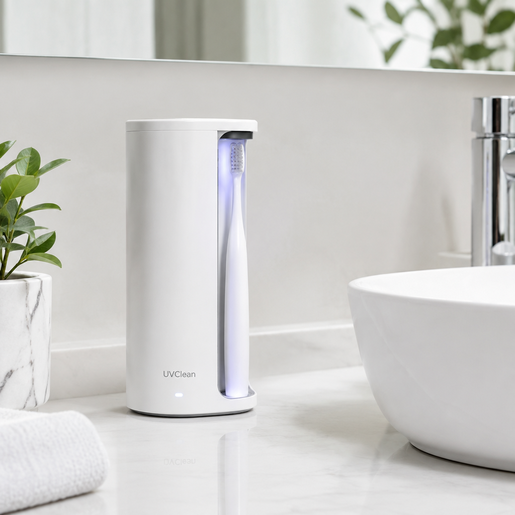 Modern white UV toothbrush sanitizer sanitizing a toothbrush with blue light on a clean bathroom counter next to a sink.